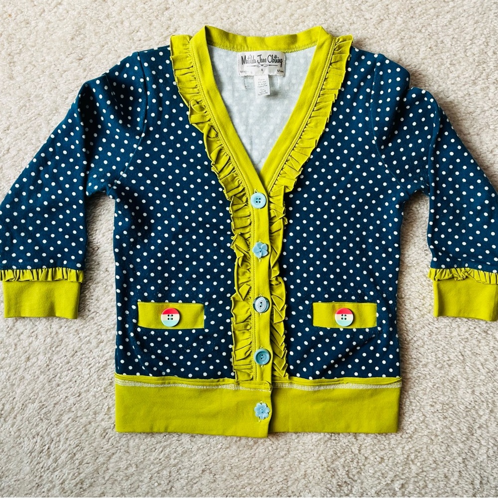 Matilda Jane Navy Polka Dot Cardigan with bright green ruffle Trim and pockets